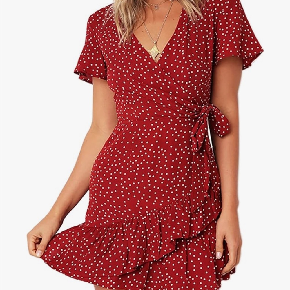 Red polka dot wrap dress